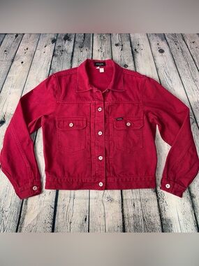 Vintage 80s 90s Guess Women's Red Denim Jean Jacket 100% Cotton Casual Size L